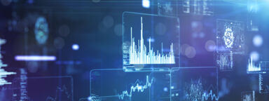 A graphical representation of data science with floating graphs and charts.