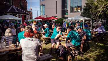 Walkers celebrating having finished the Big Walk 2018 in the University Arms