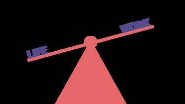 The words work and life unbalanced on a seesaw