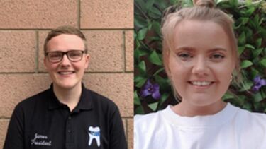Two stitched profile images of male and female dental students