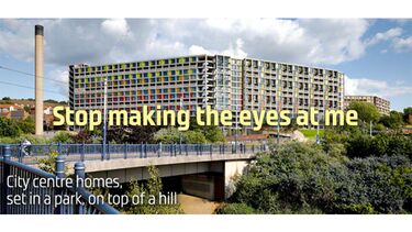 View of revitalised parkhill flats with "Stop making the eyes at me" written across it
