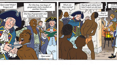 A sample of the graphic novel showing people being sold as slaves