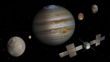 An illustration of Jupiter and its moons being observed by a spacecraft