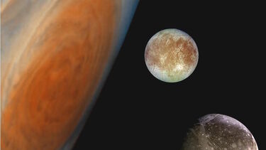 An image of Jupiter and its largest moons