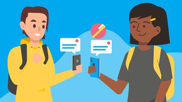 Graphic of two young people looking at text messages on mobile phones. An image of a toothbrush hovers over one image.