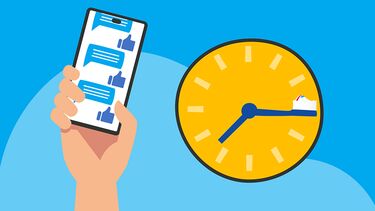 Graphic of a mobile phone displaying text chat next to a clock. The minute hand of the clock has been replaced with a toothbrush.