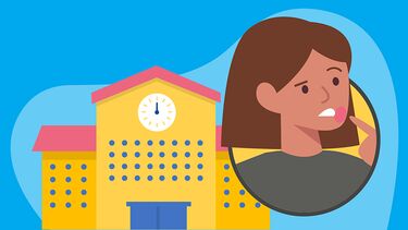Graphic of a school building next to a close-up of a girl with tooth pain pointing at her cheek.