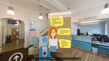 A screenshot from the interactive ELTC SpLD Service experience showing a cartoon staff member surrounded by speech bubbles containing general information about the service imposed over a 3d image of the 301 building reception desk.