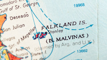 Falkland Islands on a retro globe.