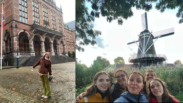 two images fused one of a student in front a building in Groningen and a group of 4 in front of a windmill