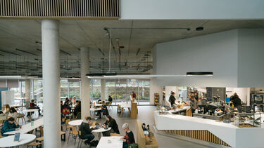A busy cafe with light and airy modern decor