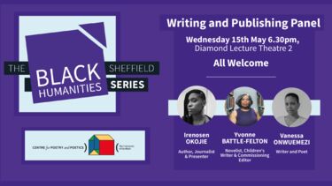 Poster with Black Humanities, and CPP logos including images of speakers, dates and times - Information provided below