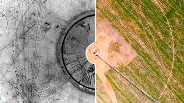 Left is a high energy particle physics bubble chamber. Right is a quadcopter shot of deployment site.