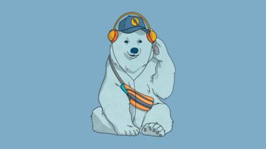 An illustration of a blue polar bear, wearing a baseball cap and a pair of headphones