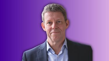 A man superimposed on a purple background