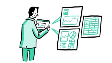 Illustration of a man holding a tablet displaying graphs and tables of data