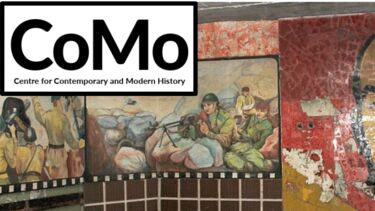 Cold war art with the logo 'COMO' superimposed 