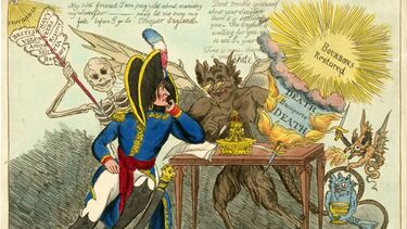 Drawing of Napoleon Bonaparte making a will, at a table with skeletons and demonic creatures.
