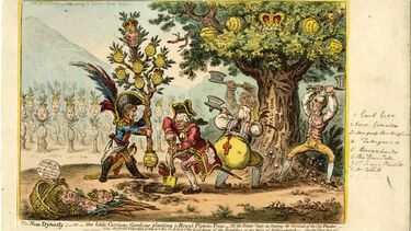 Drawing of a Royal family depicted as an oak tree, being cut down, grafted and replanted. 