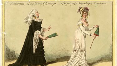 Two women showing fashion past and present. The 1704 figure in modest clothing is labelled Bombazeen. The 1807 figure with a lower neckline is labelled Bum-be-seen