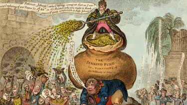 Cropped drawing about taxation, featuring a man stood on top of a large bag of coins, on top of a person’s back.