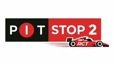 PITSTOP2 logo: Title on red and black banner with a racecar