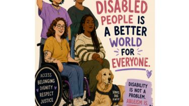 Anti-ableism poster with four women of colour. Slogan reads ""A world that includes disabled people is a better world for everyone."
