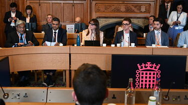 Susan Oman sat amongst others on a long desk in the UK parliament 