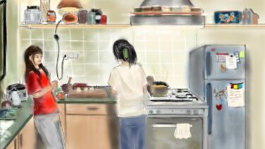 two friends cooking together in a warm and cozy kitchen. One person in a red shirt stands by the counter communicating in sign language with her friend, with partially washed dishes beside her. The hand sign shown represents the word “neighbour”  The other person, seen from behind with her head turned toward her friend, cooks at the stove beside a steaming pot. The kitchen is filled with comforting details such as shelves of jars and dishes, a tiled backsplash, a refrigerator decorated with notes and magnet