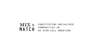 Black text on a white background, which reads: Mix + Match, constituting racialised communities in UK stem cell donation 