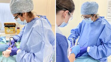 Dentist carrying out dental work on a patient, with the help of a nurse.
