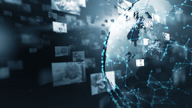 An abstract globe with news screens and dots connected by lines