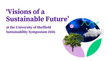 Event poster featuring a colour circular illustration, featuring a photo of a tree and a cloud, next to some text which reads: 'Visions of a Sustainable Future' at the University of Sheffield Sustainability Symposium 2026