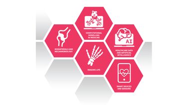 Insigneo Research Theme structure coral hexagons with theme names (Biomaterial & Mechanobiology Imaging life Computational modelling in medicine Healthcare data/AI Smart devices and sensors) and icons