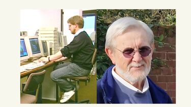 Two side by side photos of a man at a computer lab and an older man with sunglasses