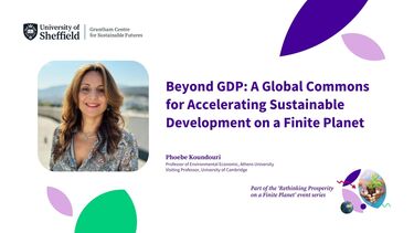 A poster for the Phoebe Koundouri event featuring her profile photo next to the title "Beyond GDP: A Global Commons for Accelerating Sustainable Development on a Finite Planet"