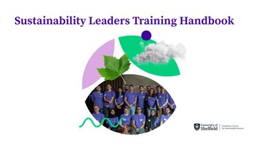 Circular illustration featuring a photo of a group of Grantham Scholars beneath the text: "Sustainability Leaders Training Handbook"