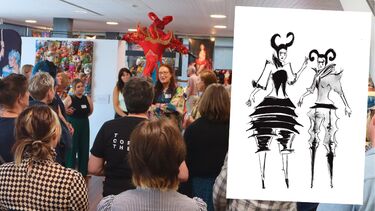 Rebecca Truman gives a guided exhibition tour to a group. Inset, black and white sketches of two tall circus figures in costumes.