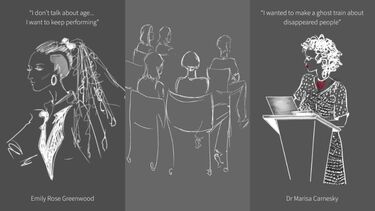 White and grey sketches of a seated audience and two women alongside quotes. First, Emily Rose Greenwood, reads "I don't talk about age... I want to keep performing". Second, Dr Marisa Carnesky, reads "I wanted to make a ghost train about disappeared people"