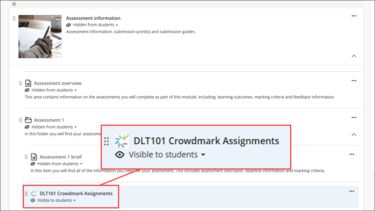 Blackboard course displaying the Assessment Information learning module expanded and a Crowdmark link