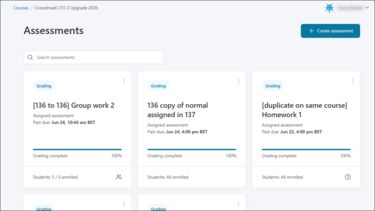 Crowdmark assessments page displaying a number of assignments