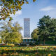 The Arts Tower as seen from Weston Park in the autumn. Western Bank library at the foot of the Arts Tower.