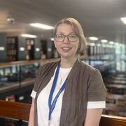 Katherine stands in Western Bank Library