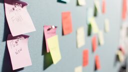 Post-it notes on a notice board from a naming brainstorm session