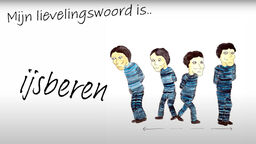 Dutch word with a drawing of 4 male figures who walk up and down to illustrate the meaning of the word ijsberen: to pace up and down impatiently or with lack of purpose