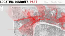 A screenshot of the website showing a digital map of London in the 18th century with red highlights over certain areas