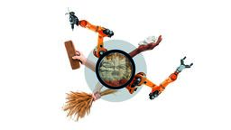 Abstract image of human and robot arms holding bricks, wheat, tools and construction materials